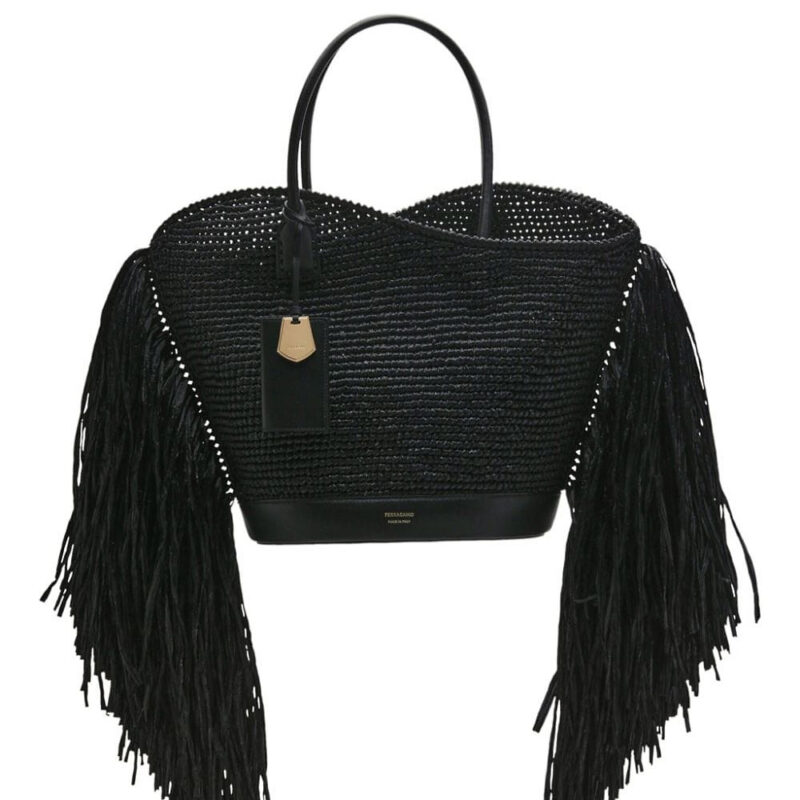 Ferragamo fringed raffia tote bag - Black