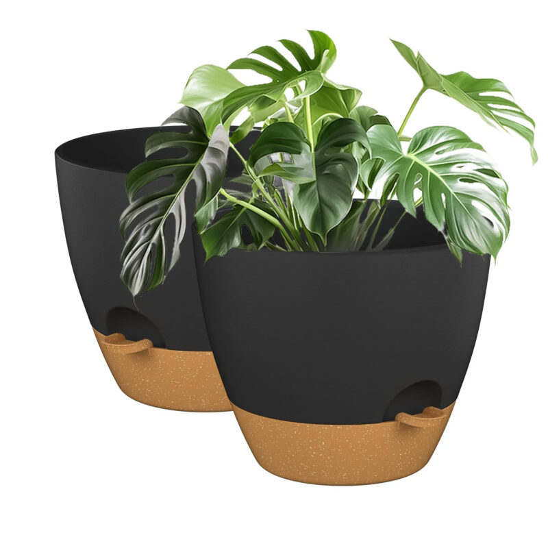 FIASON 2 Pack Plastic 10 Inch Black with Brown Self-Watering Plant Pots for Indoor Outdoor, Flowe...