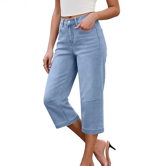 Forever 21 Women’s Wide Leg Lightweight Denim Pants with Adjustable Drawstring Waist, Side Pock...