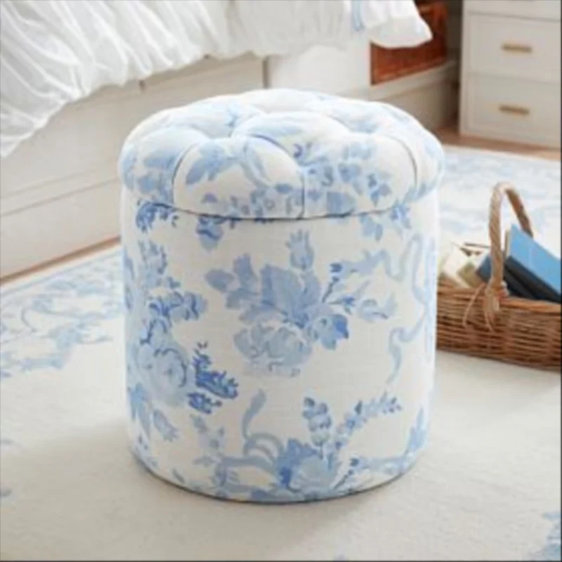 LoveShackFancy Garden Damask Pink Tufted Round Storage Ottoman Garden Damask Pink