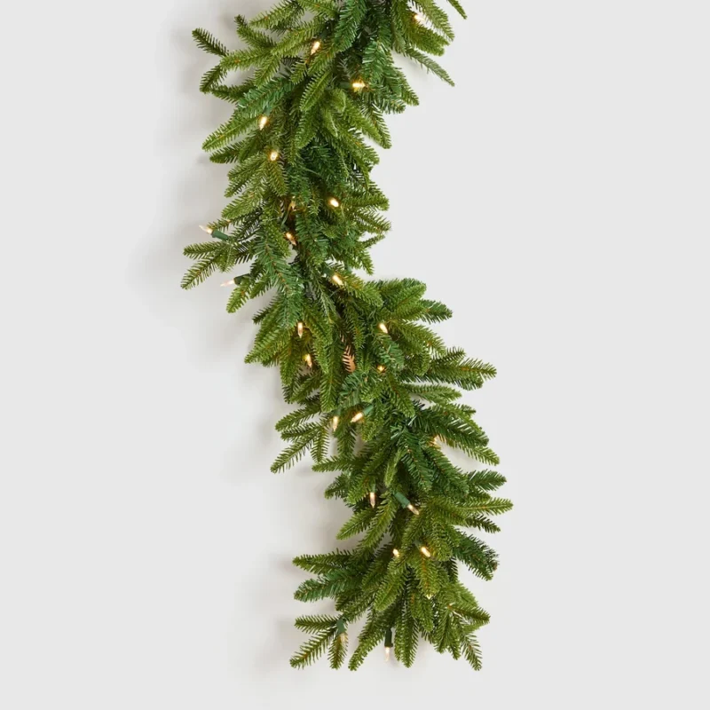 Quince | Lit Fraser Fir Garland in Forest Green, Size 9', Soft-Touch Plastic