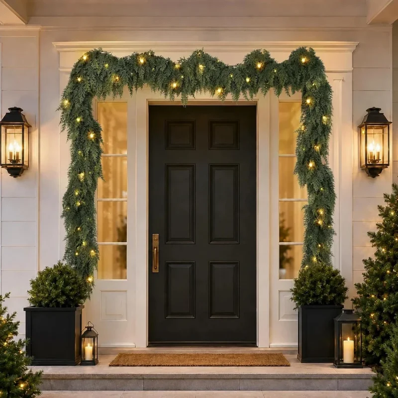 2PCS 9FT Pre-Lit Christmas Cedar Garland With 100 Lights & 240 Full Pine Branches Realistic Faux Artificial Greenery For Fireplace Table Mantle Wall I