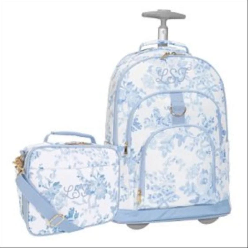 Gear-Up LoveShackFancy Blue Damask Rolling Backpack & Cold Pack Lunch Box Bundle