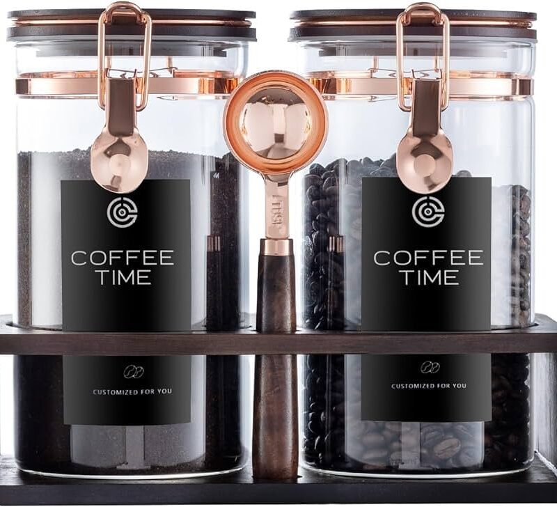 Glass Coffee Canister Set with Wooden Shelf, 2 Pack 45oz Airtight Food Storage Containers with Li...