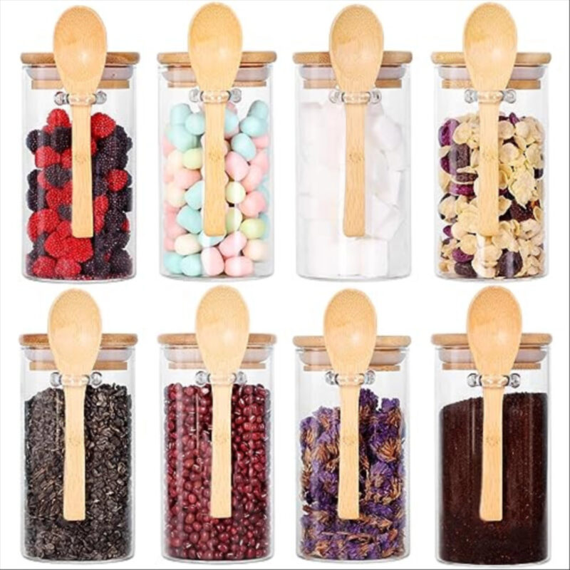 Glass Jar with Bamboo Lid and Spoon, 8Pack 10 OZ Tea Containers for Loose Leaf Tea, Salt and Sugar Containers for Countertop, Yogurt Jars for Overnight Oatmeal
