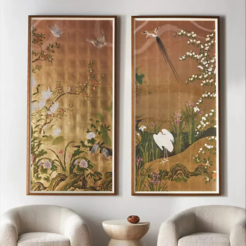 Anthropologie Golden Chinoiserie Floral Bird Wall Art
