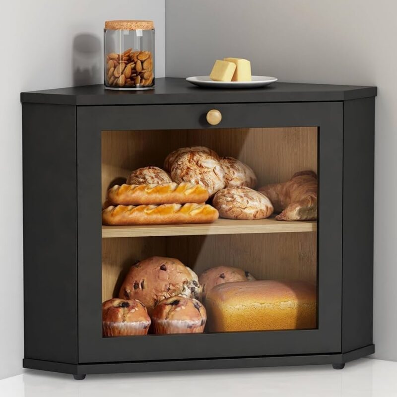 Goozii Corner Bread Box 2 Tier, Double Layer Black Breadbox for Countertop