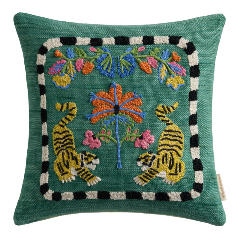 Green Floral Tiger Embroidered Indoor Outdoor Throw Pillow