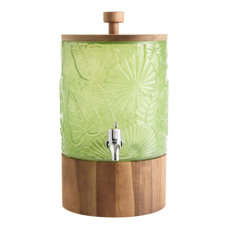 Green Glass and Wood Monstera Leaf Drink Dispenser with Stand