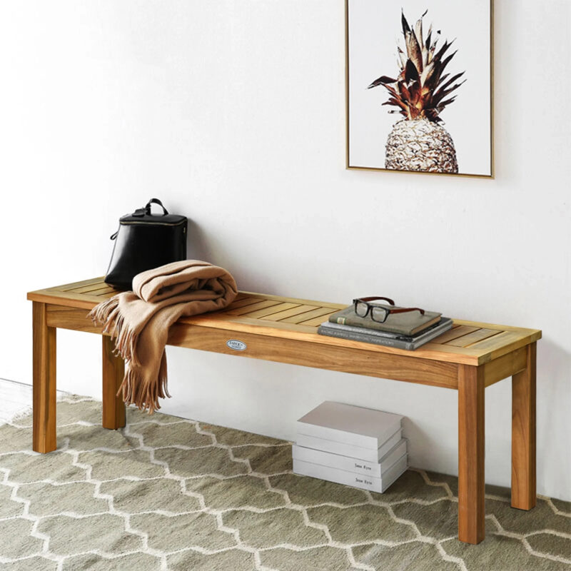 Gymax Patio Garden Acacia Wood Bench Dining Bench w/ Slatted Seat Indonesia Teak