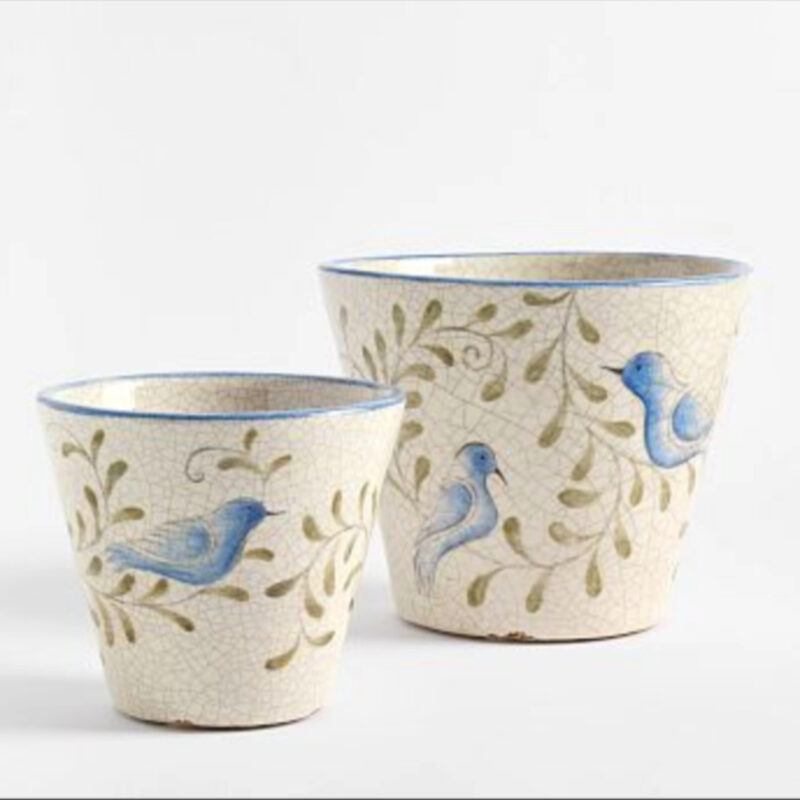 Pottery Barn Handcrafted Bird Print Cachepots