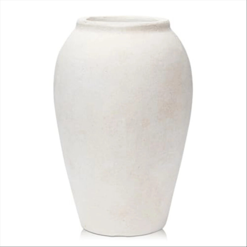 Handcrafted Terracotta Flower Vase, 9.6" Tall, Vintage White Ceramic, Rustic Antique Decor, Wide Mouth, Matte Finish for Home Office Resto Cafe