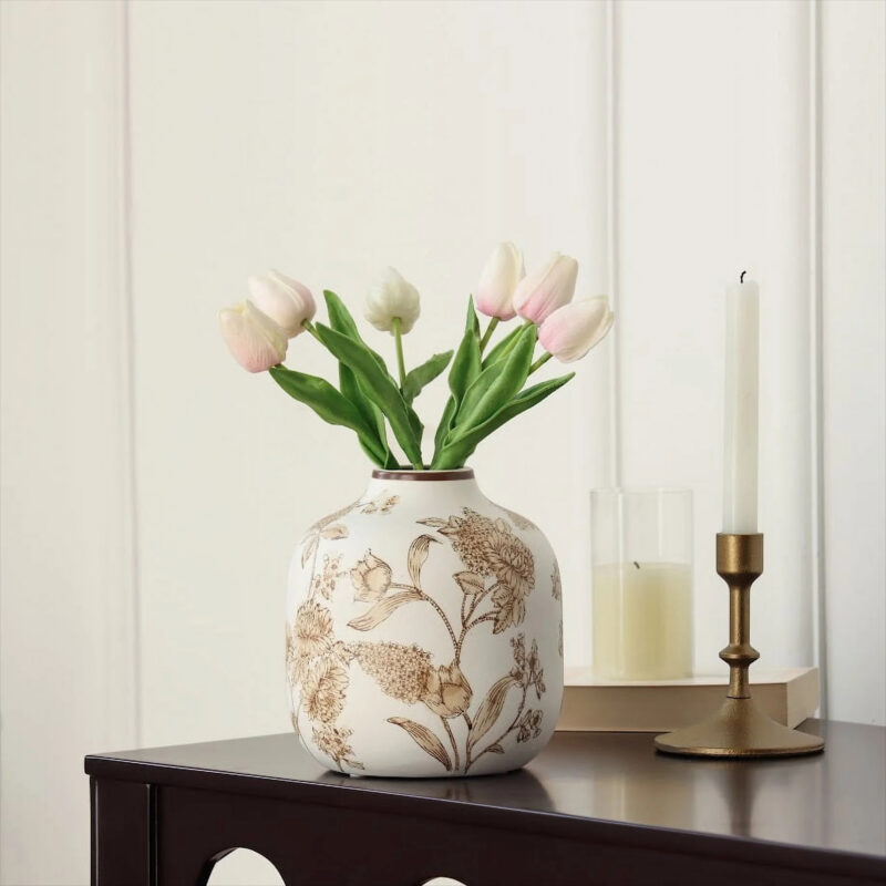 Home Decor Collection Sterling & Noble Home White Ceramic Brown Floral Painted Tabletop Vase - Wa...