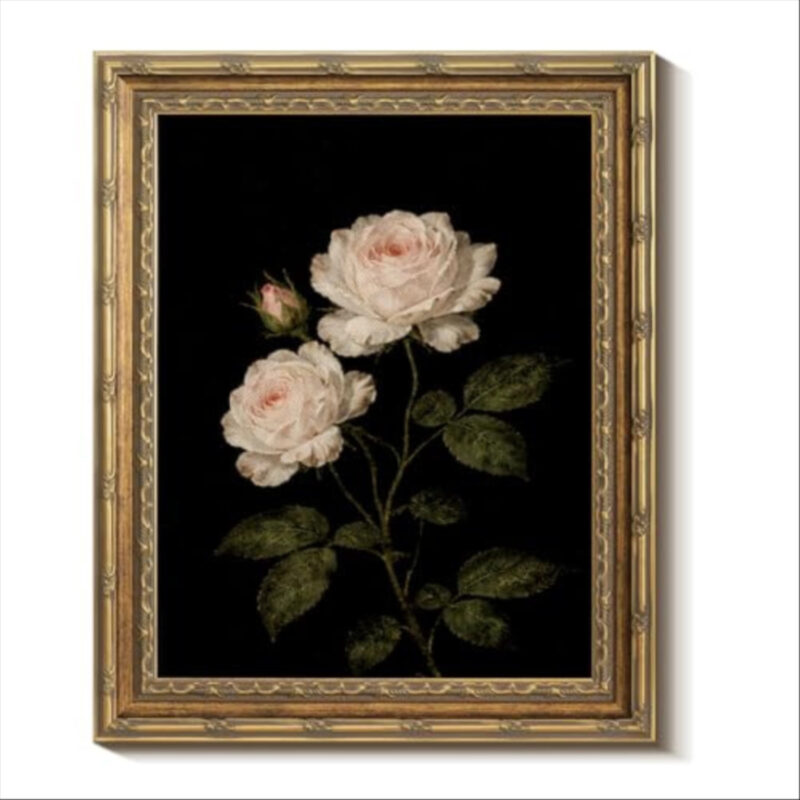 HUARCEY 13"x16"Glass Vintage Rose Canvas Wall Art Gold Frame Retro Pink Floral Still Life Painting, Classic Antique Style Botanical Wall Decor for Living Room Bedroom Hallway Home Decoration