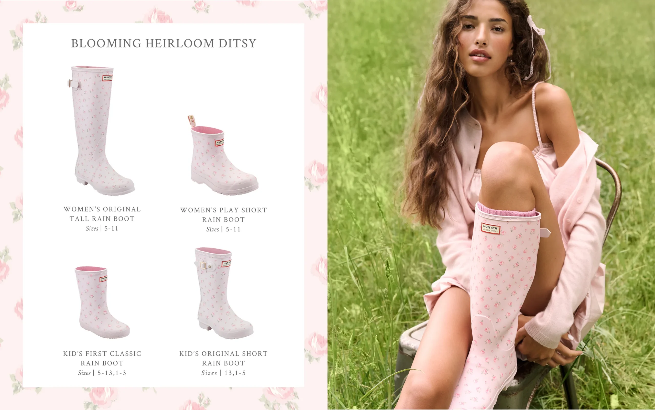 Hunter x LoveShackFancy Blooming Heirloom Ditsy rain boot — woman in pink floral boot sitting outdoors