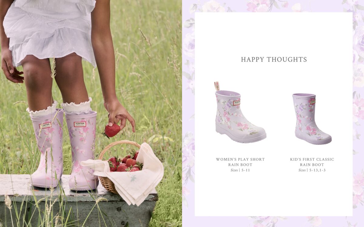 Hunter x LoveShackFancy Happy Thoughts — lavender floral boots, women's play short and kid's first classic, with model picking strawberries