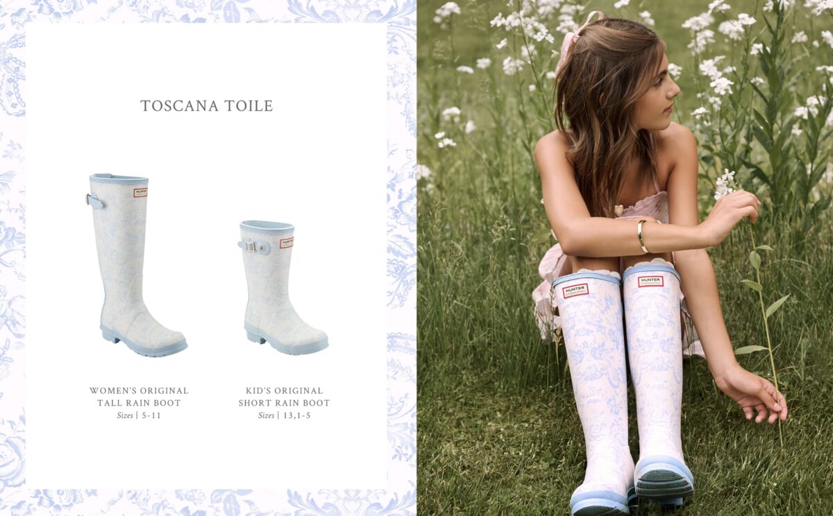 Hunter x LoveShackFancy Toscana Toile — powder blue floral toile boots, women's and kid's styles shown with model in field