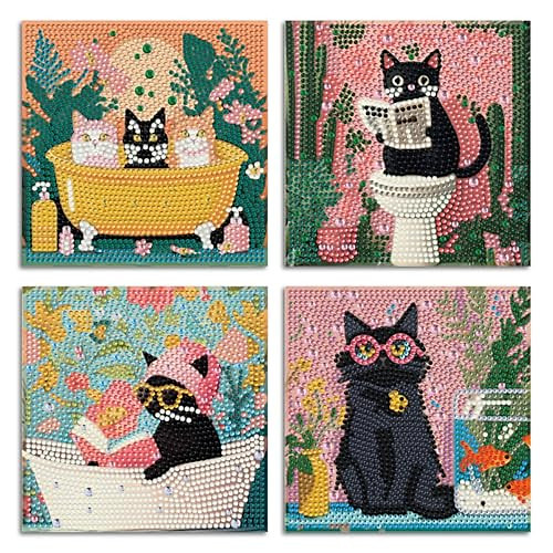 ICYANART 4 Pack Cat Diamond Art Kits for Kids Cat Diamond Art Painting for Kids Ages 6-8-12 Small Gem Art for Gifts and Home Wall Decor 6x6inch