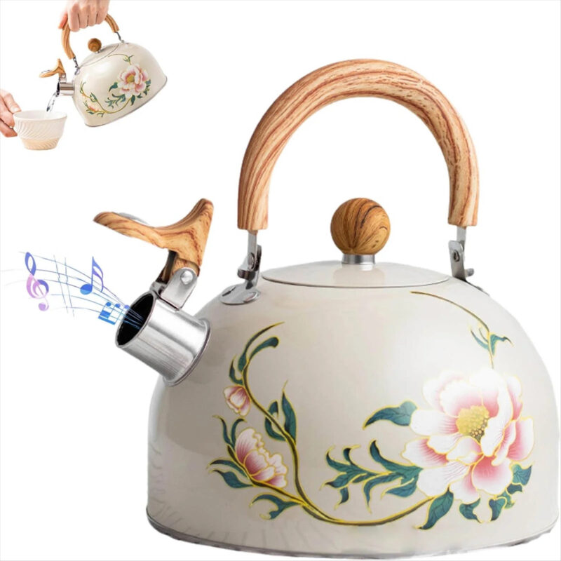 IMossad Whistling Tea Kettle, Floral Stainless Steel Stovetop Kettle with Handle, 2.5L Whistling ...