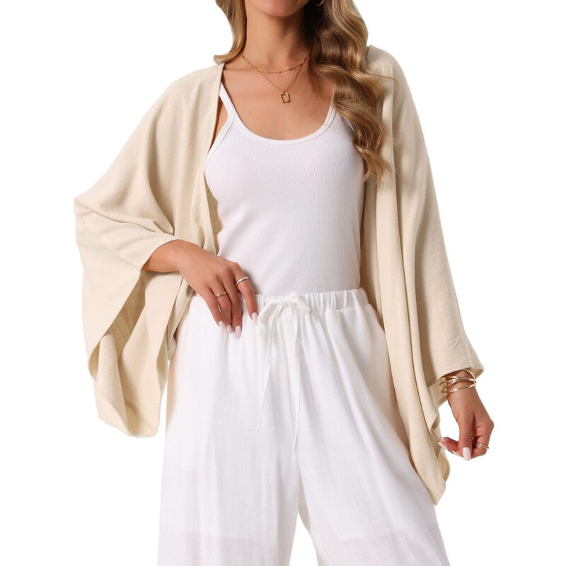 INSPIRE CHIC Women's Summer 3/4 Sleeve Open Front Linen Cardigan Apricot Medium
