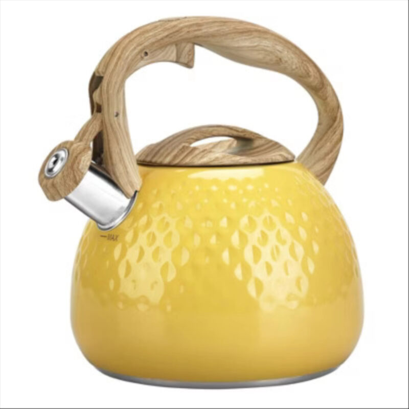 Itopfox Stovetop Teapot with Loud Whistle, Food Grade Stainless Steel and Smooth Wood Handle, Elegant Yellow Design for Tea, Coffee, Hiking, Picnic
