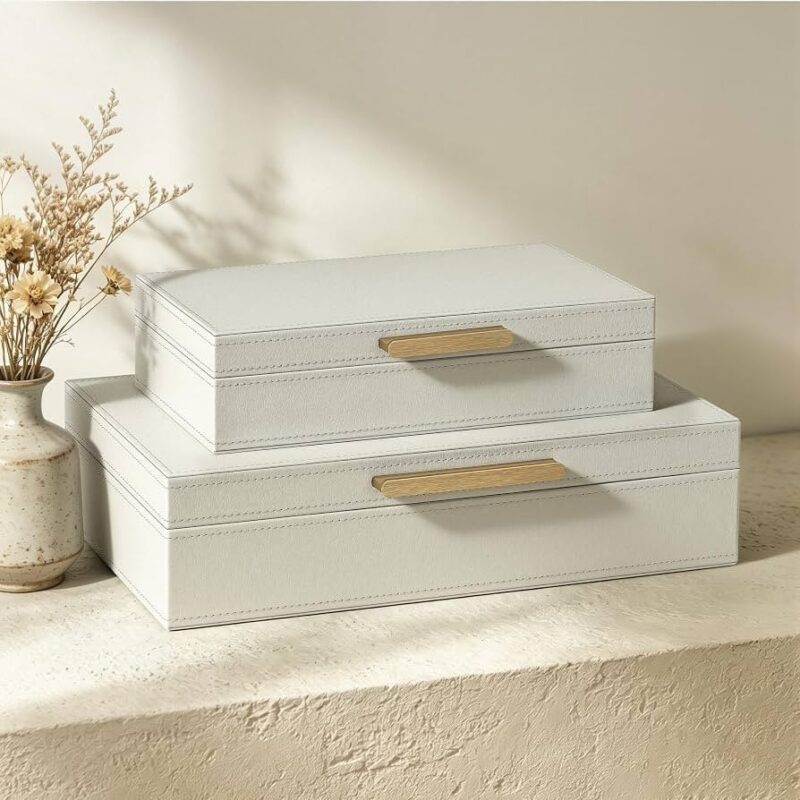 JARLINK Decorative Storage Boxes with Lids, PU Leather Bins, Ivory White