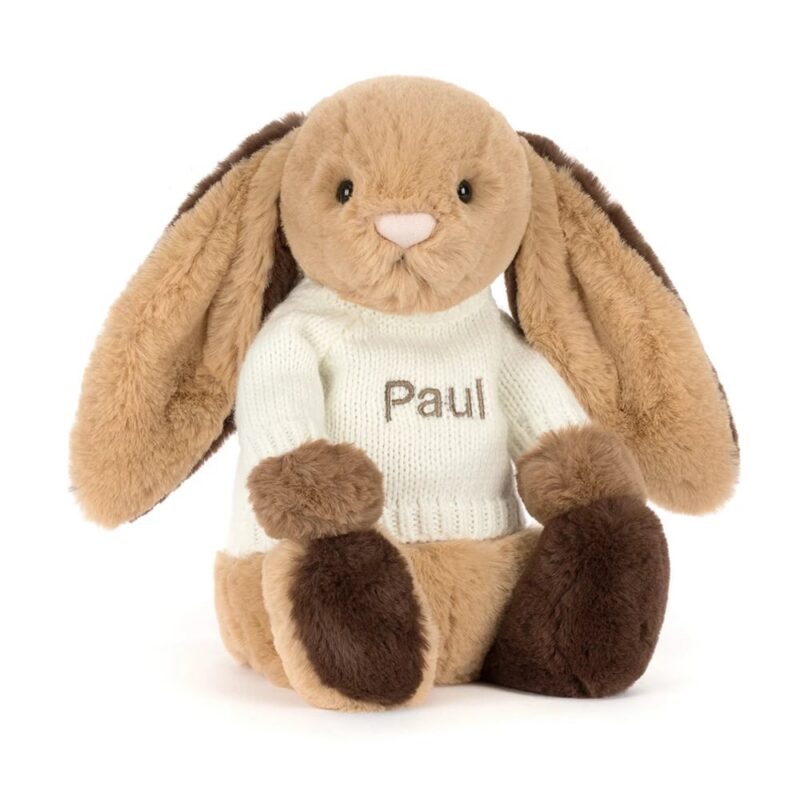 Jellycat Bashful Patchwork Brown Bunny with Personalized Cream Jumper