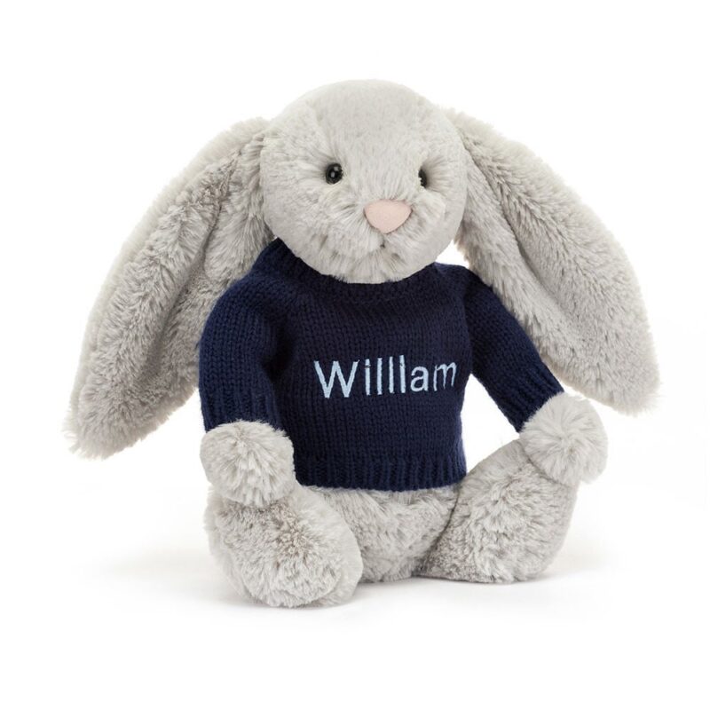 Jellycat Bashful Silver Bunny with Personalized Navy Jumper