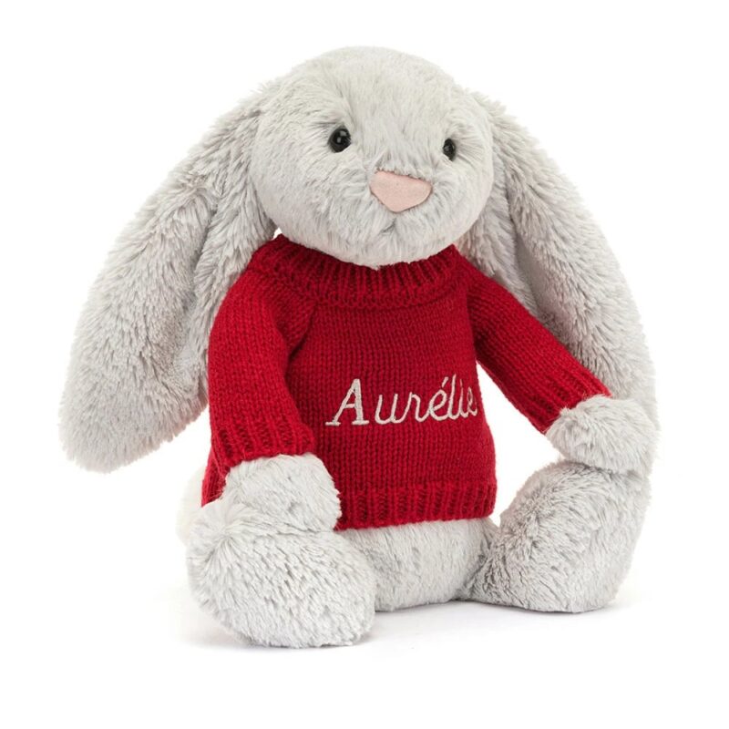 Jellycat Bashful Silver Bunny with Personalized Red Jumper