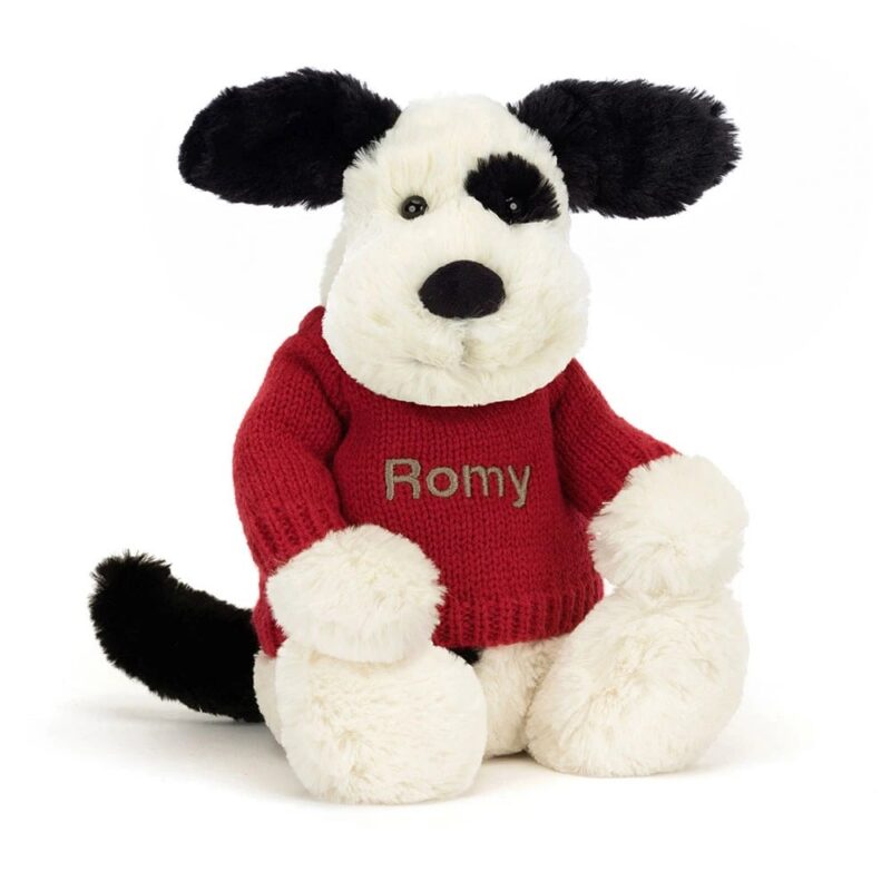 Jellycat Bashful Rufferty Black & Cream Puppy with Personalized Red Jumper