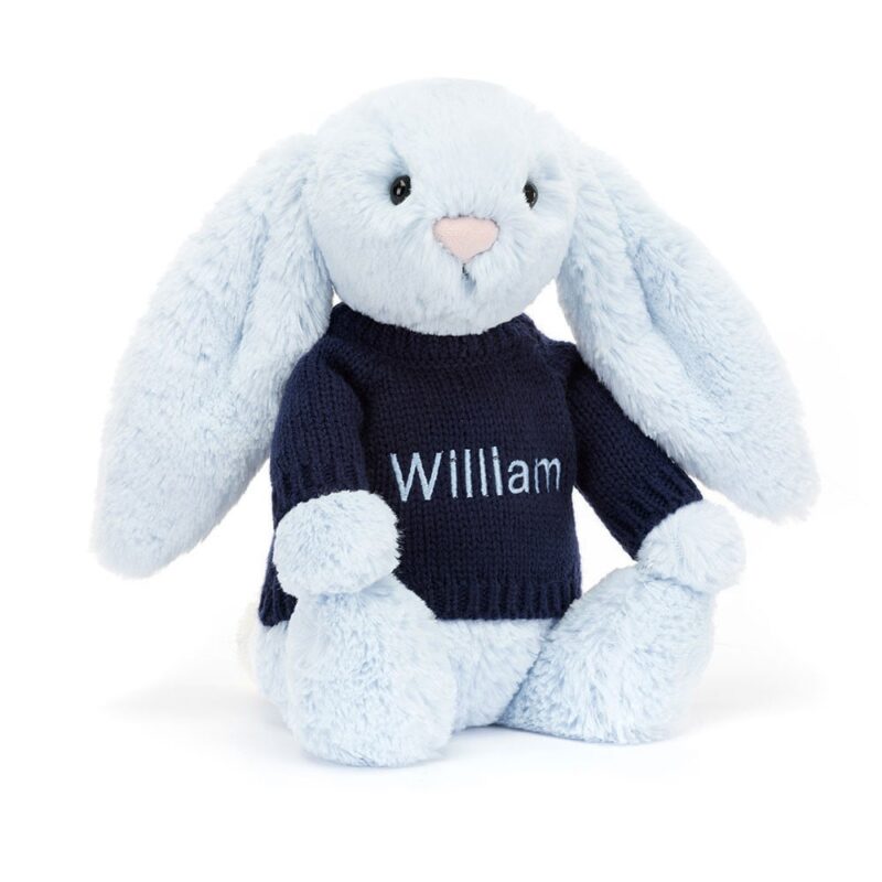 Jellycat Bashful Blue Bunny with Personalized Navy Jumper
