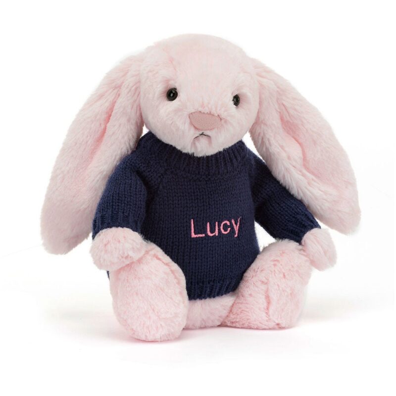 Jellycat Bashful Pink Bunny with Personalized Navy Jumper