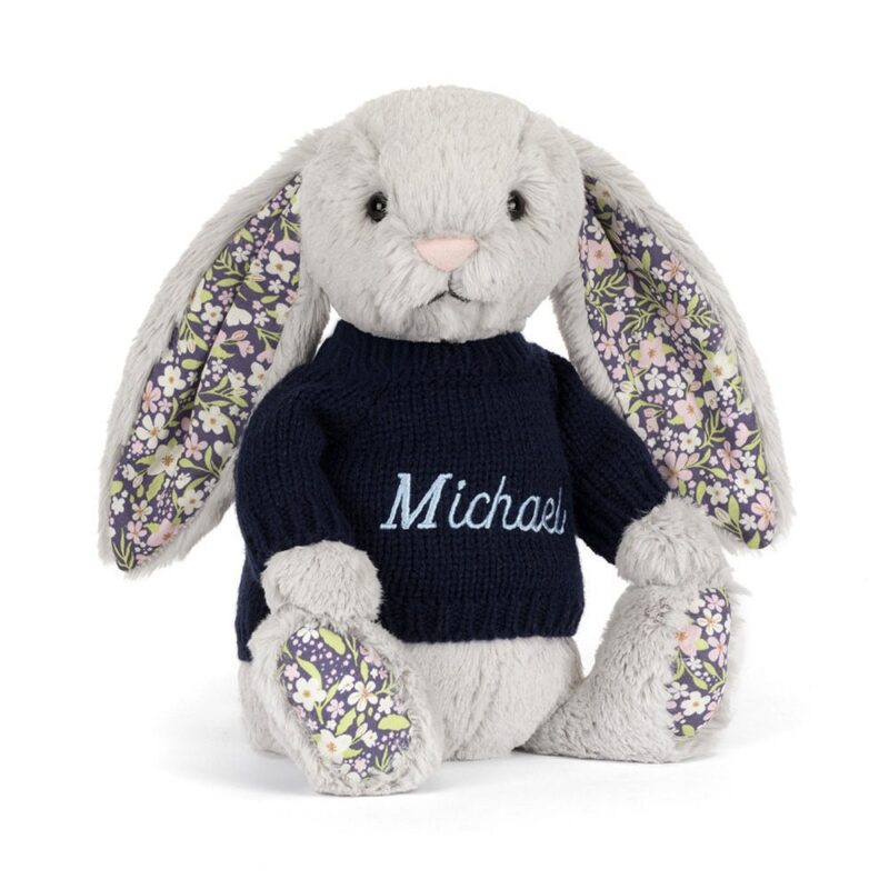 Jellycat Blossom Silver Bunny 'Bloom' with Personalized Navy Jumper