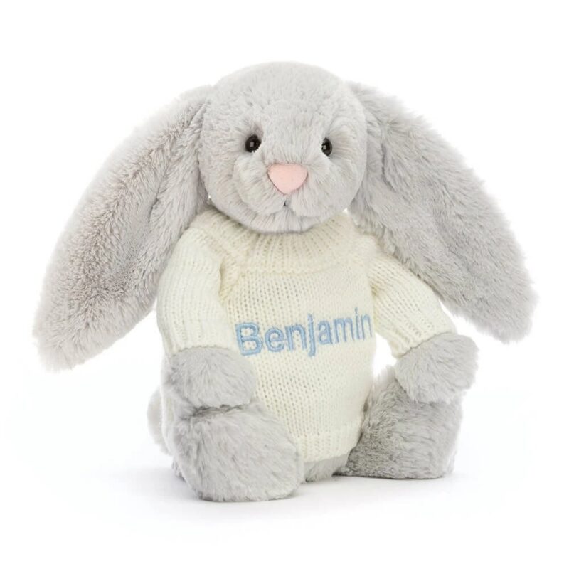 Jellycat Bashful Silver Bunny with Personalized Cream Jumper