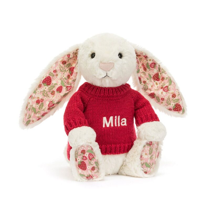 Jellycat Blossom Cream Bunny 'Berry' with Personalized Red Jumper