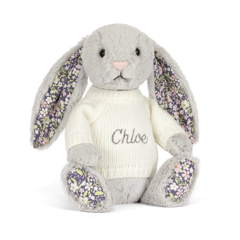 Jellycat Blossom Silver Bunny 'Bloom' with Personalized Cream Jumper
