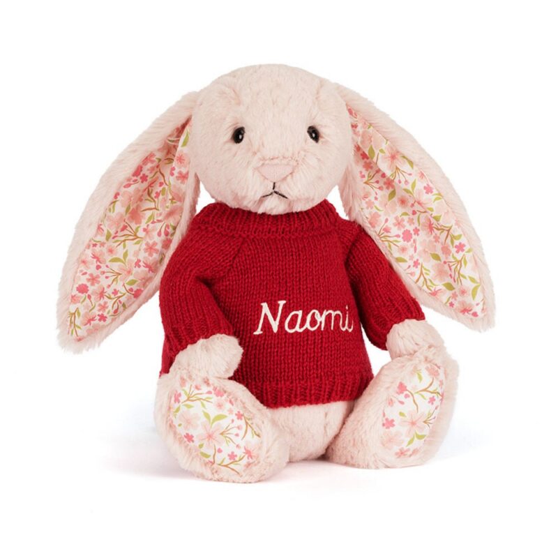 Jellycat Blossom Blush Bunny 'Cherry' with Personalized Red Jumper