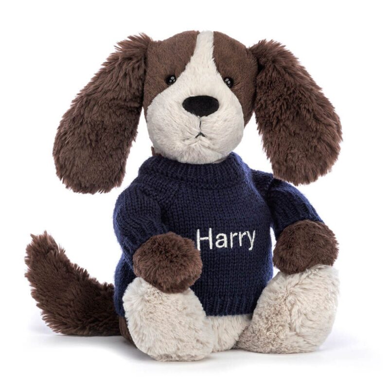 Jellycat Bashful Fudge Puppy with Personalized Navy Jumper