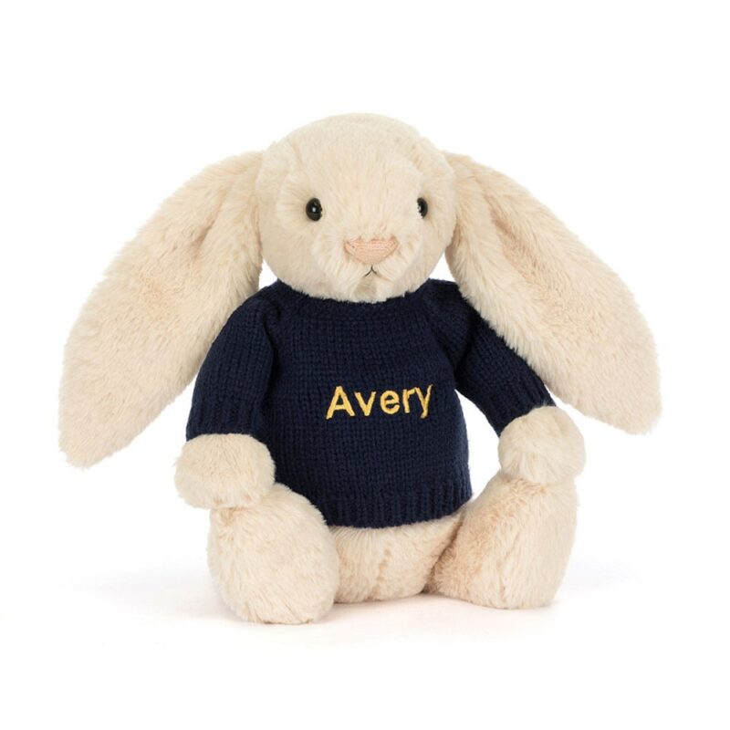 Jellycat Bashful Luxe Bunny Willow with Personalized Navy Jumper