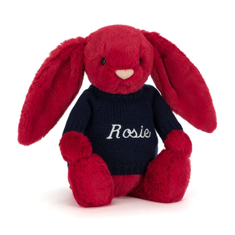 Jellycat Bashful Luxe Bunny Scarlett with Personalized Navy Jumper