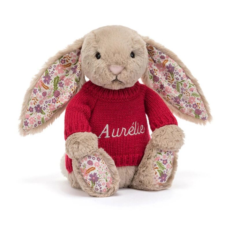 Jellycat Blossom Beige Bunny 'Petal' with Personalized Red Jumper
