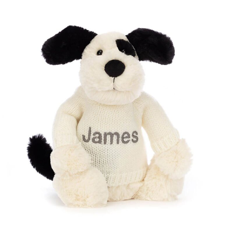 Jellycat Bashful Rufferty Black & Cream Puppy with Personalised Cream Jumper