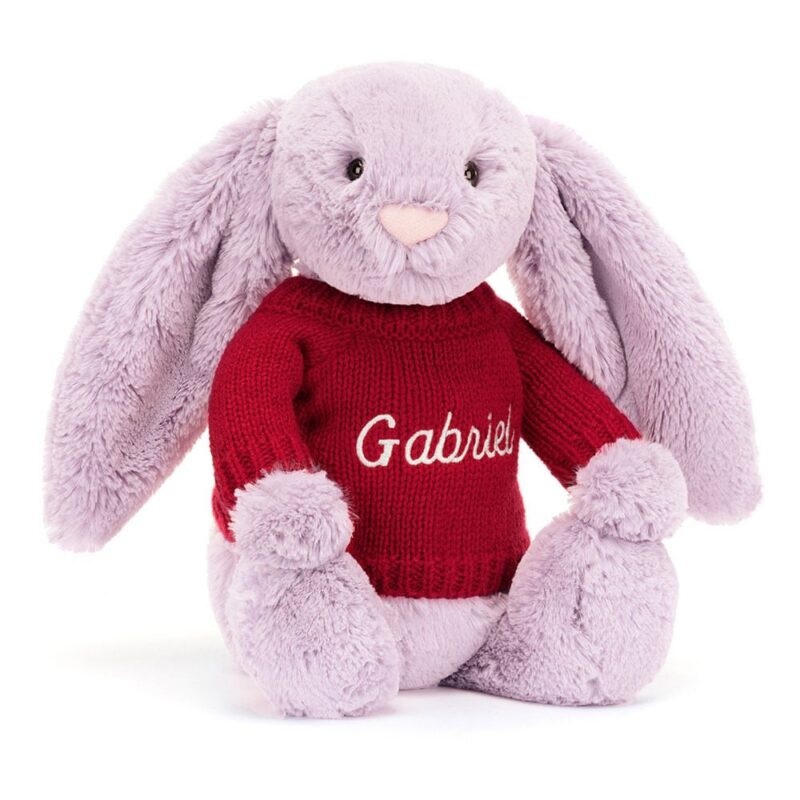 Jellycat Bashful Lilac Bunny with Personalized Red Jumper