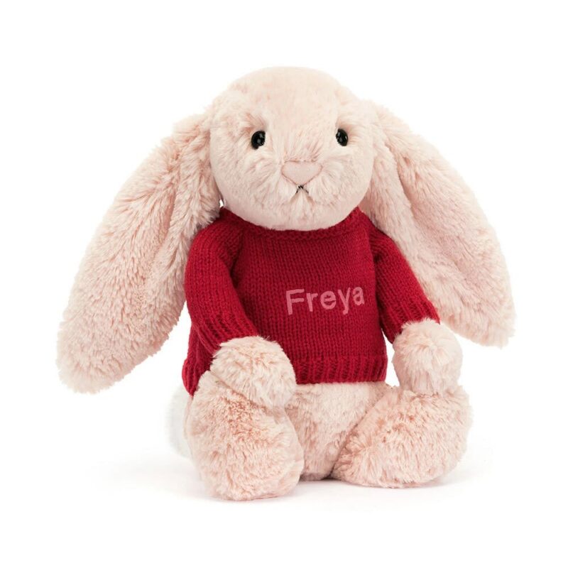 Jellycat Bashful Blush Bunny with Personalized Red Jumper