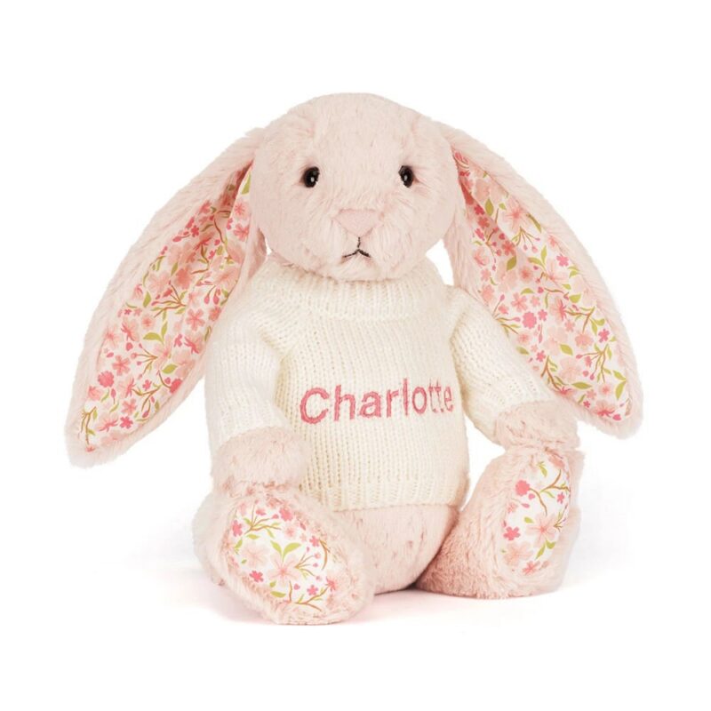 Jellycat Blossom Blush Bunny 'Cherry' with Personalized Cream Jumper