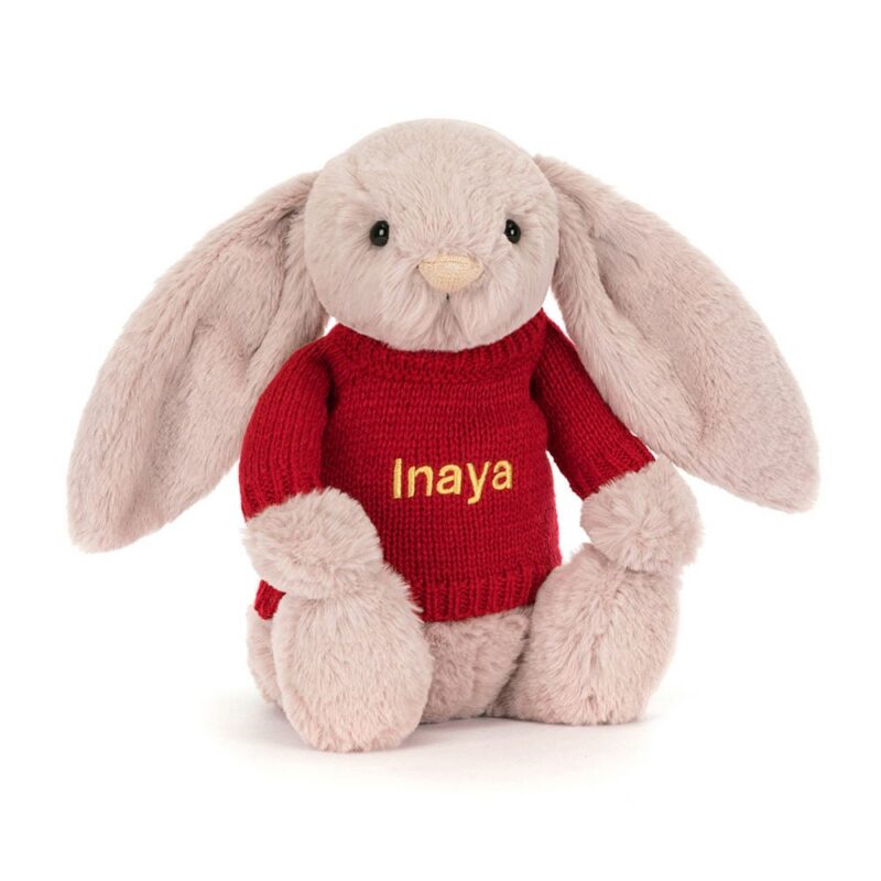 Jellycat Bashful Luxe Bunny Rosa with Personalized Red Jumper