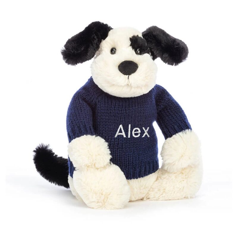 Jellycat Bashful Rufferty Black & Cream Puppy with Personalised Navy Jumper