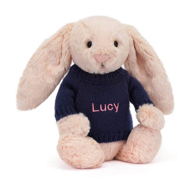 Jellycat Bashful Blush Bunny with Personalized Navy Jumper