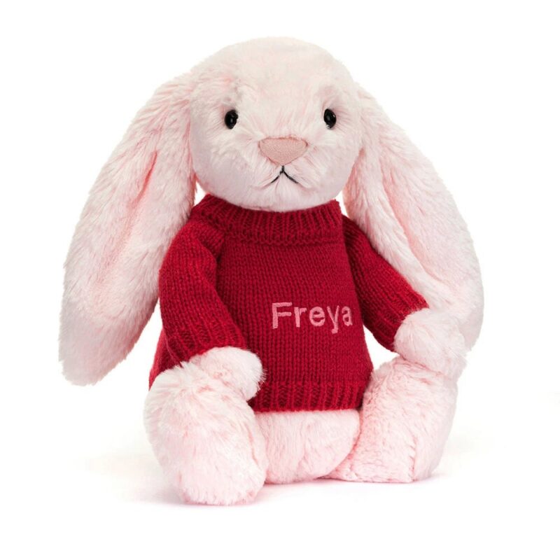 Jellycat Bashful Pink Bunny with Personalized Red Jumper
