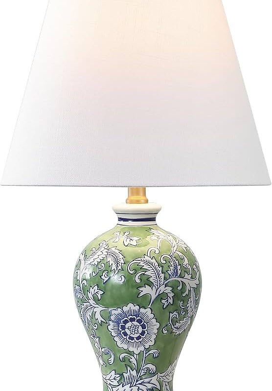 JONATHAN Y 24" Green/White French Country Ceramic Floral Urn Table Lamp, White Linen Shade, Chino...